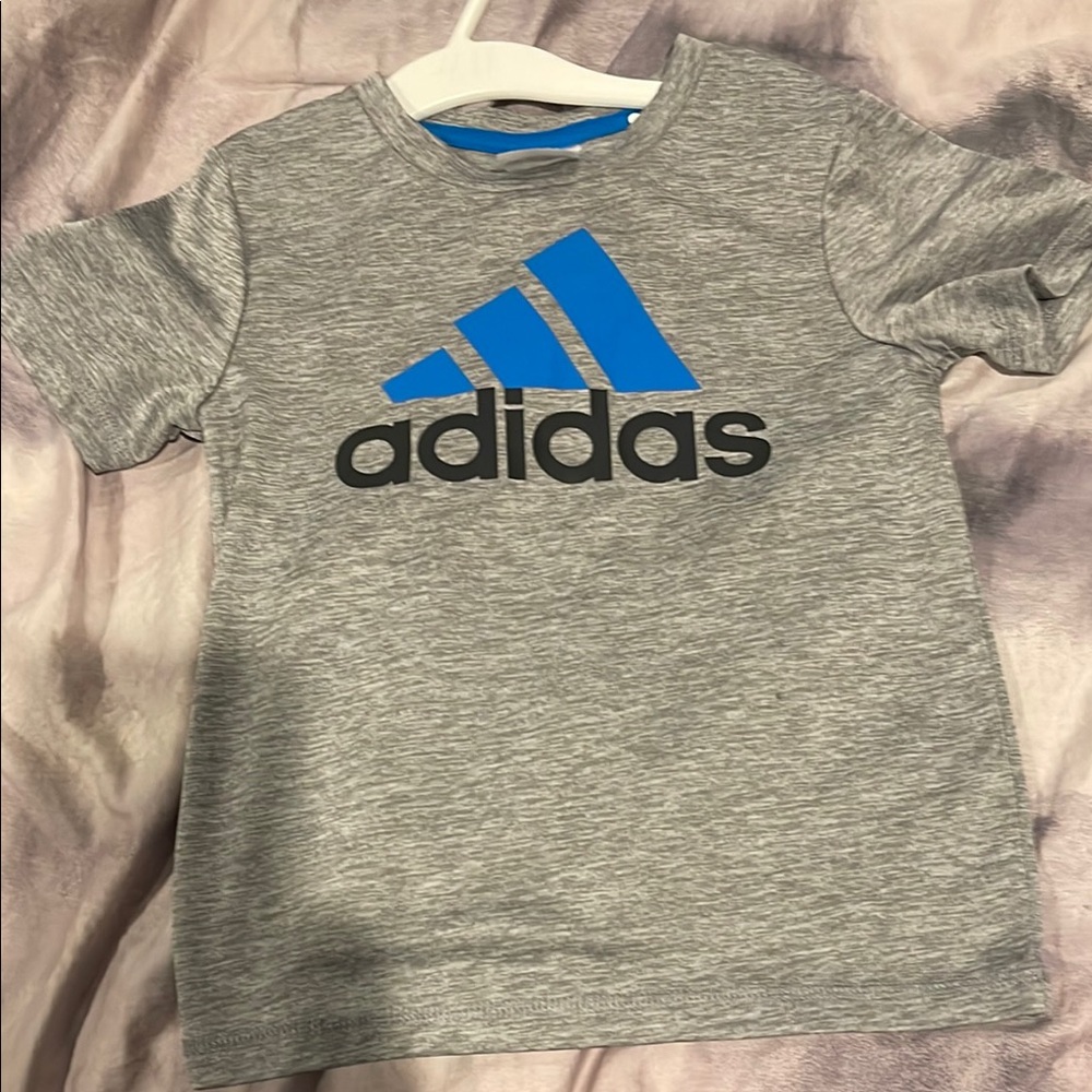 Adidas Kids Gray Tee with Blue and Black Logo